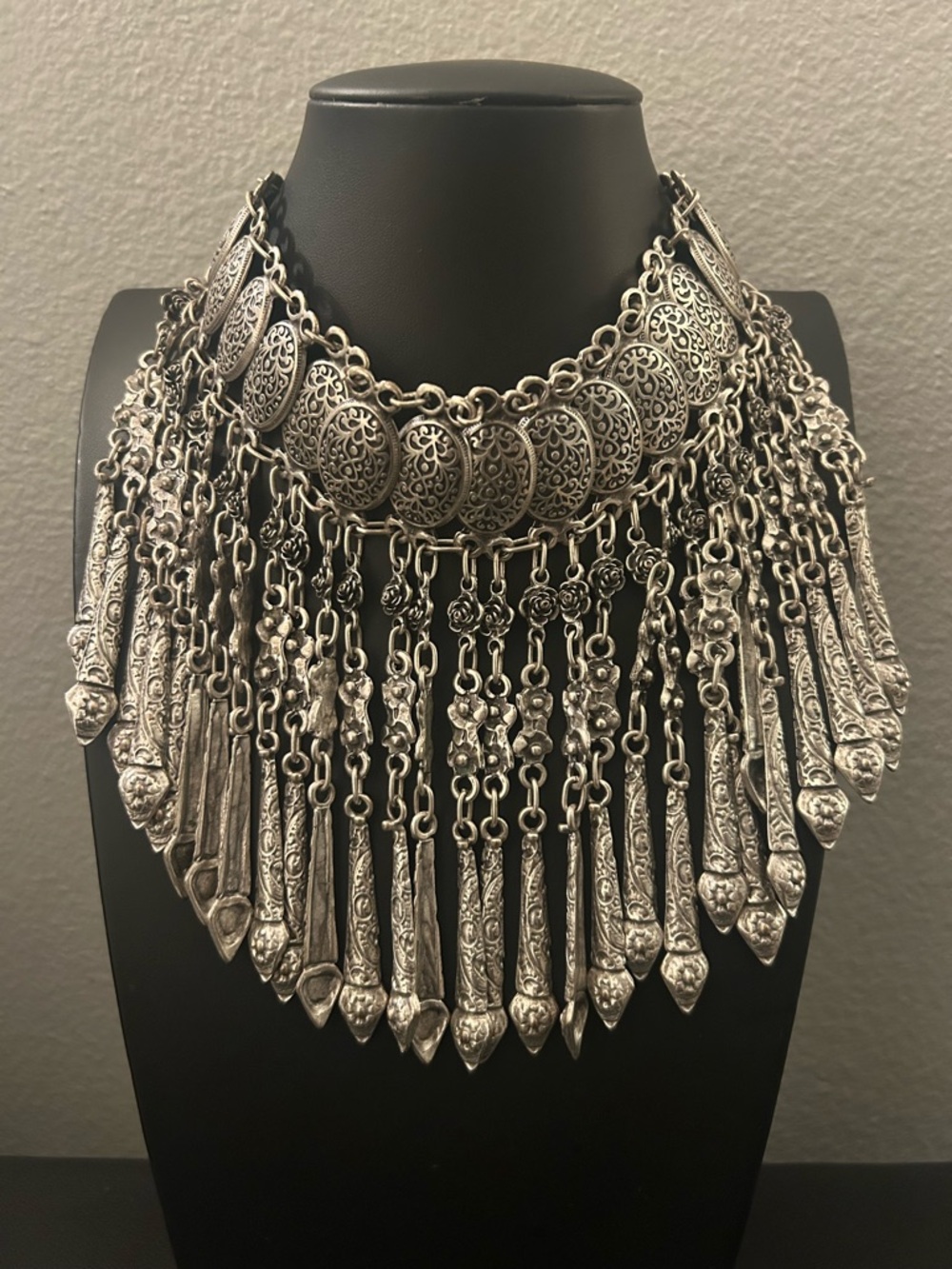 Source Unknown Ornate Silver Fringe Bib Necklace